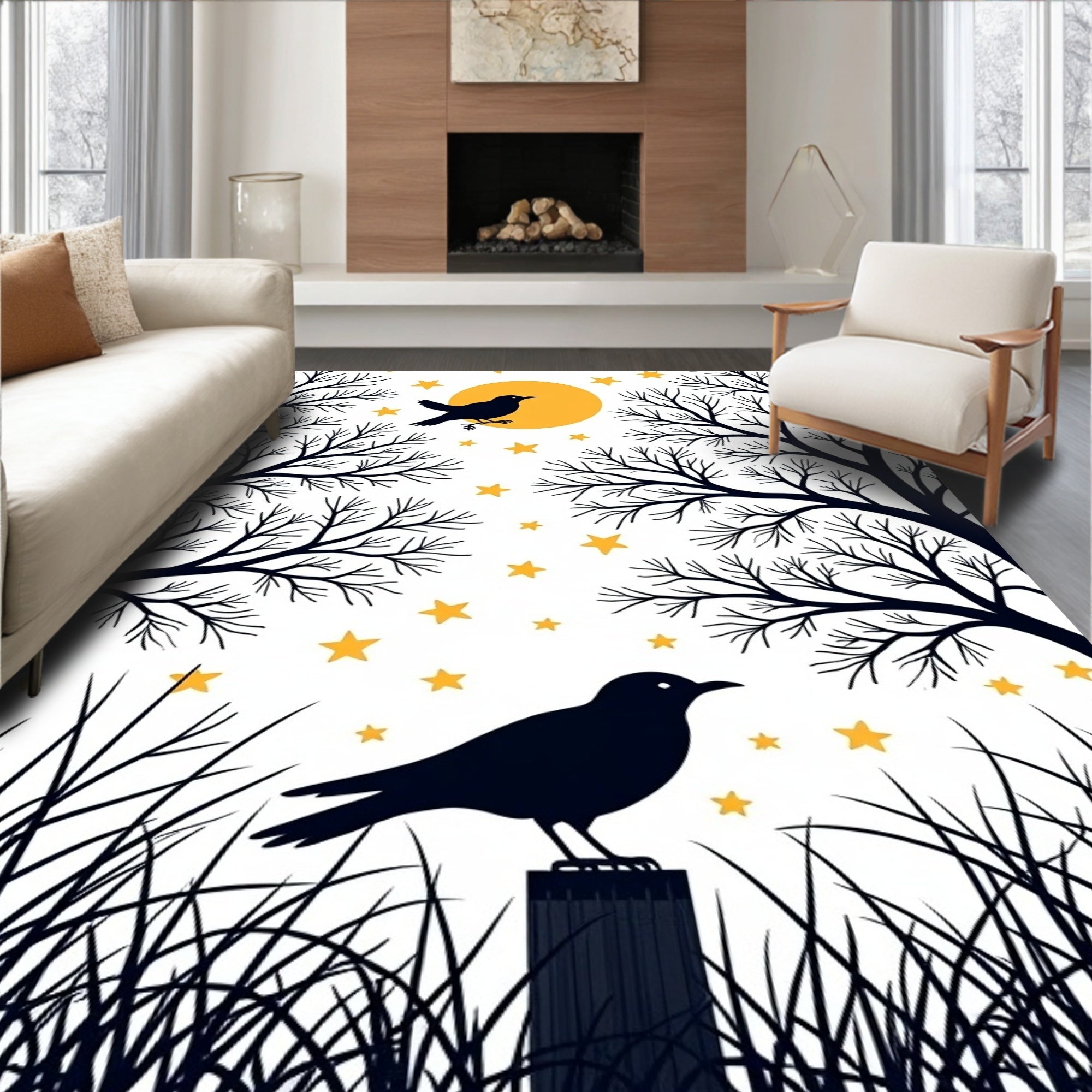 Golden Moon Silhouetted Crow Stars Trees Rug