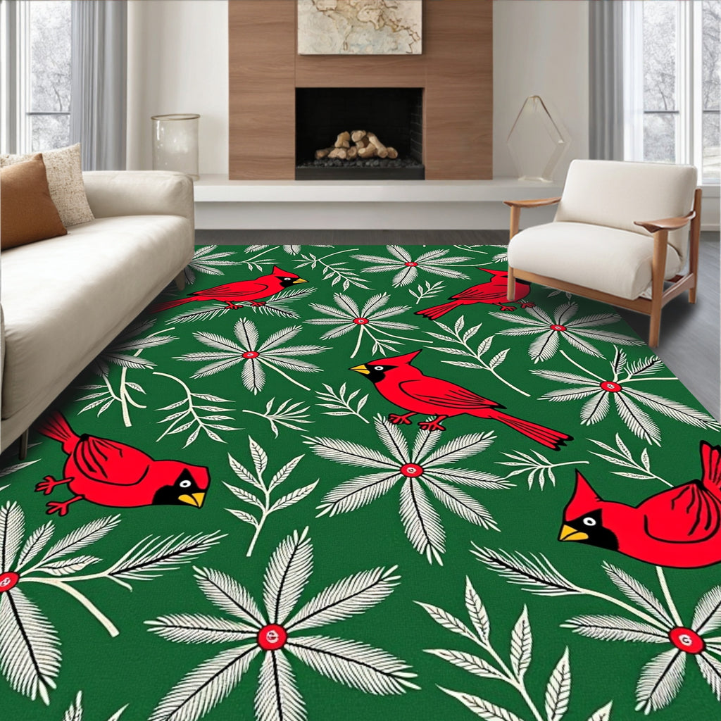 Vibrant Red Cardinal Green Floral Rug