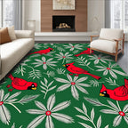 Vibrant Red Cardinal Green Floral Rug