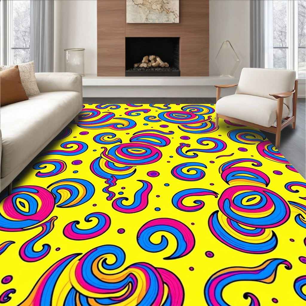 Vibrant Yellow Pink Blue Swirls Rug