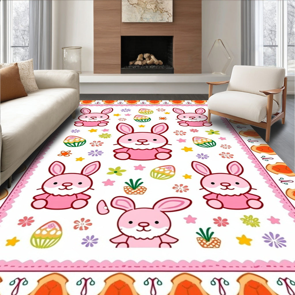 Pink Bunnies and Pastel Eggs Whimsical Rug