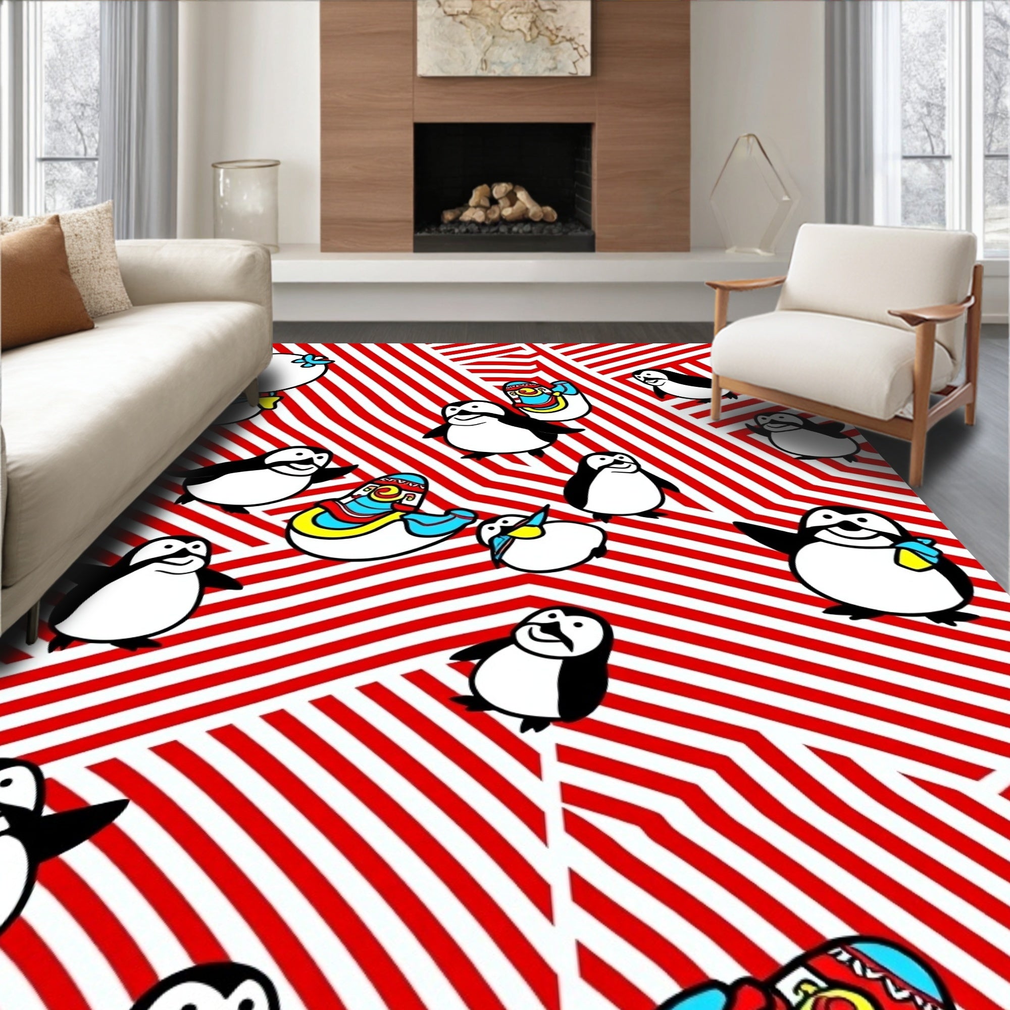 Red White Striped Penguin Cartoon Collection Rug