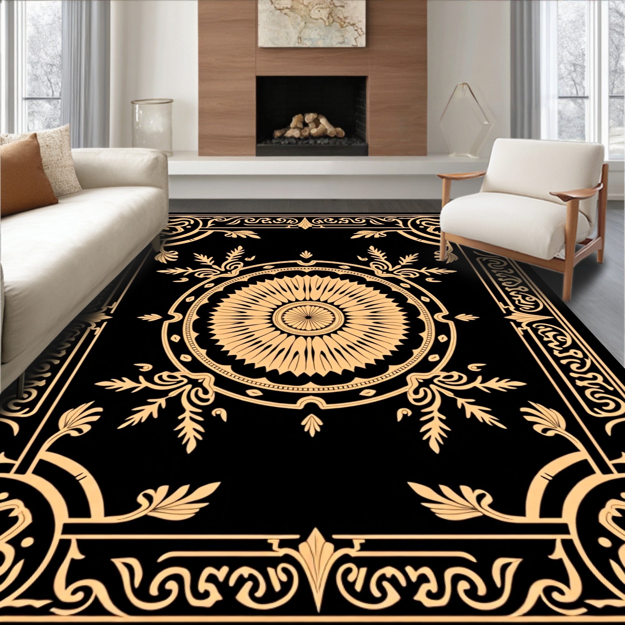 Ornate Black and Gold Floral Medallion Cover Rug