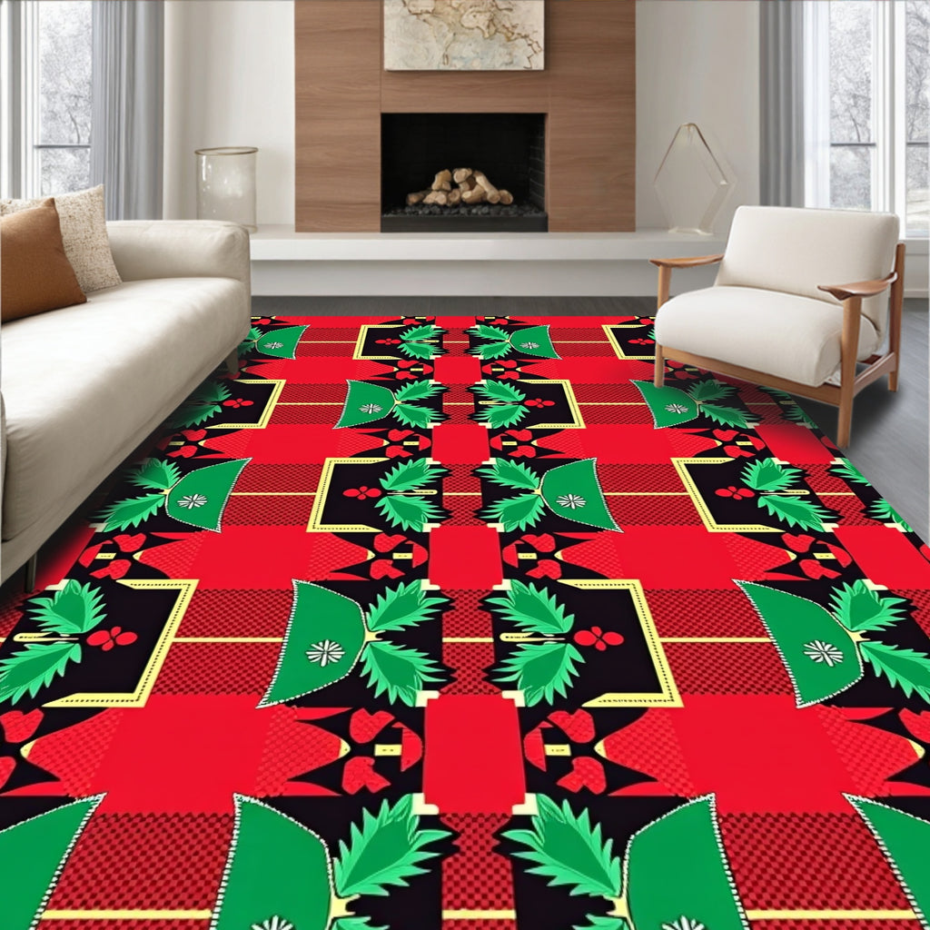 Vibrant Red Black Green Geometric Foliage Rug