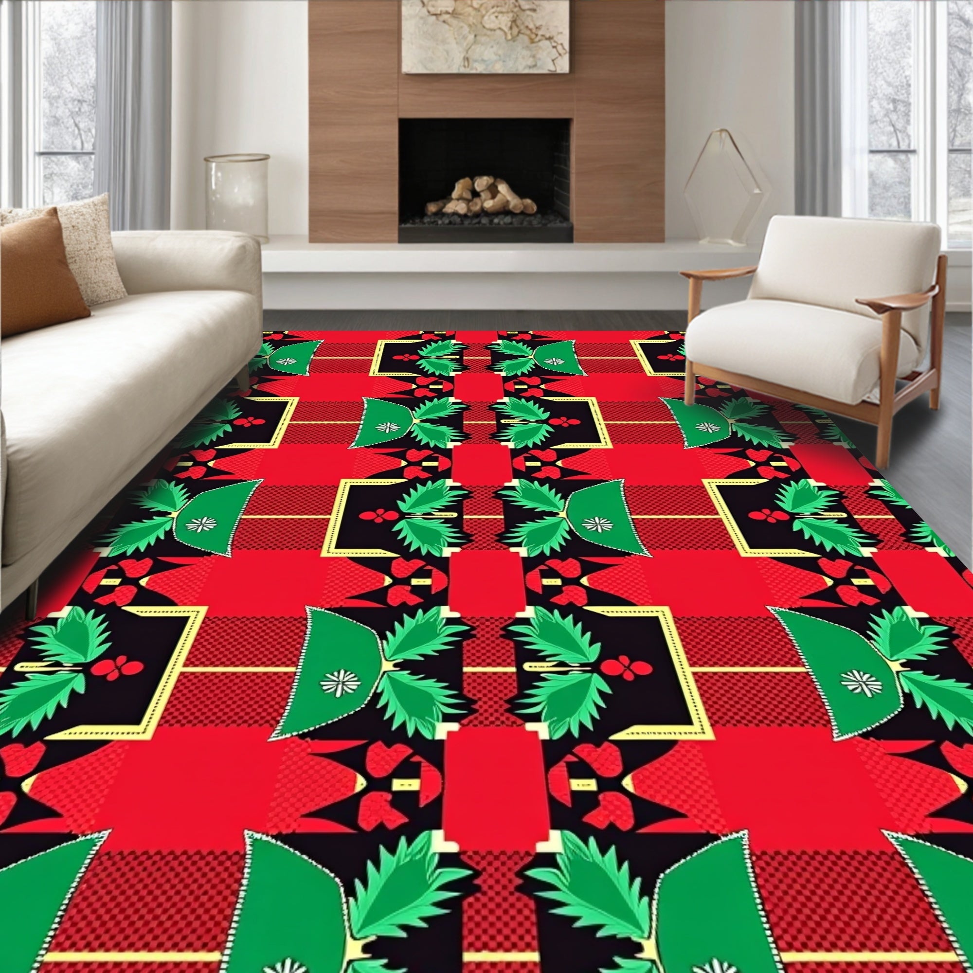 Vibrant Red Black Green Geometric Foliage Rug
