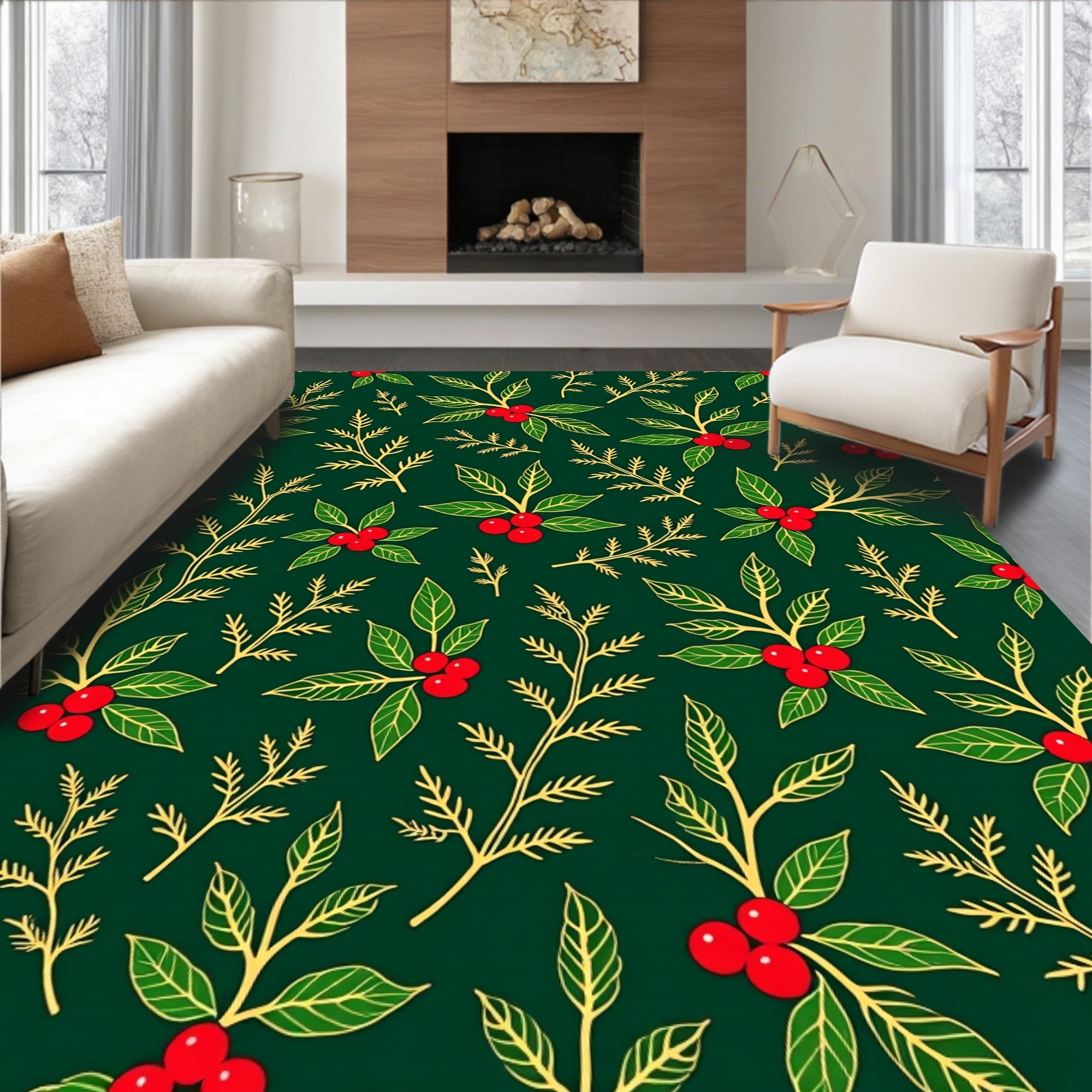 Emerald Green Holly Berry Branches Rug