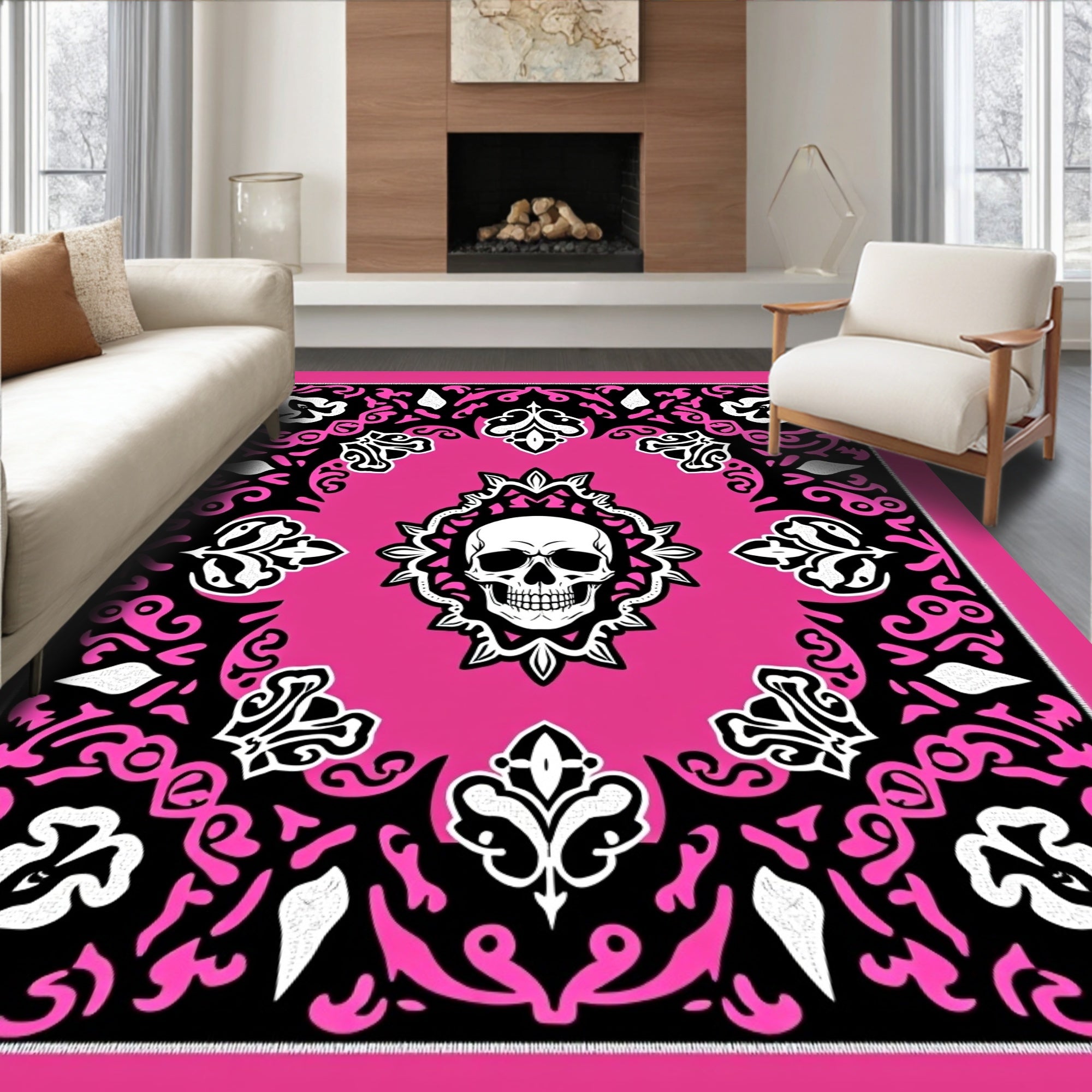 Pink Skull With Baroque Accents Rug