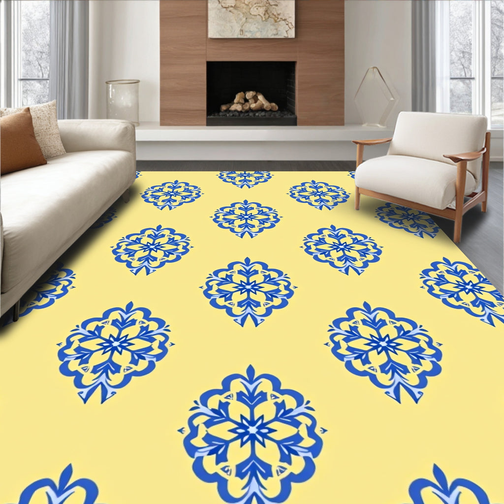 Royal Blue Floral Medallions on Yellow Field Rug