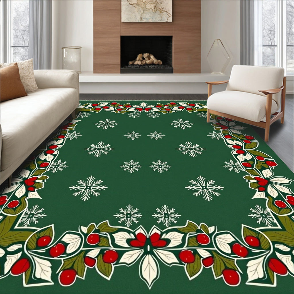 Green Holly Berry Snowflake Border Rug