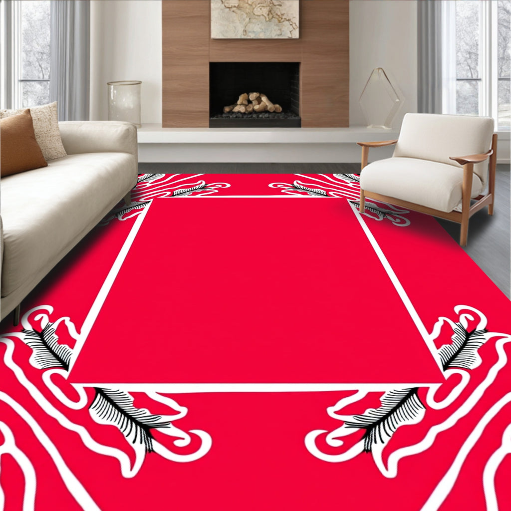 Bold Red Leafy Corner Swirl Rug