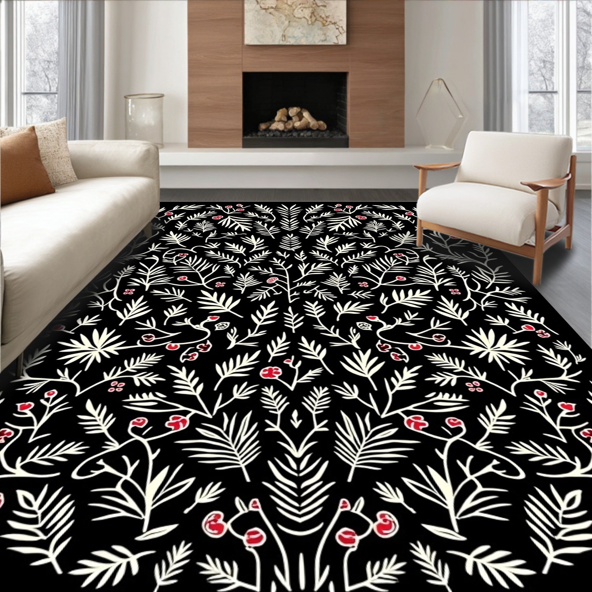 Black Cream Red Foliage All-over Rug