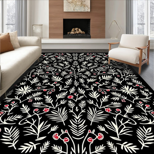 Black Cream Red Foliage All-over Rug
