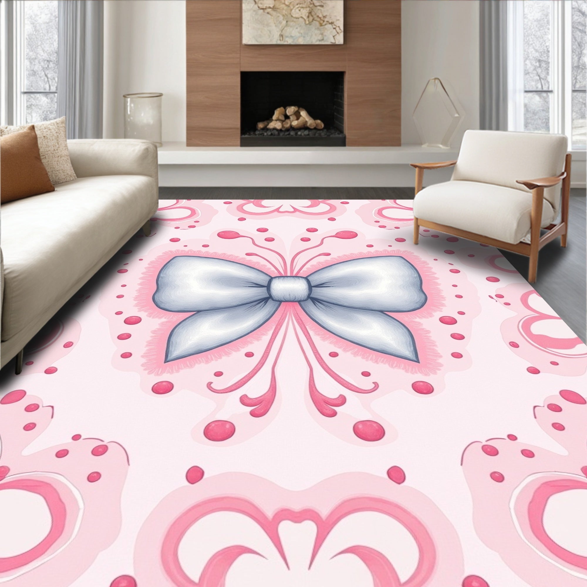 Pretty Pink Blush Bow Floral Rug