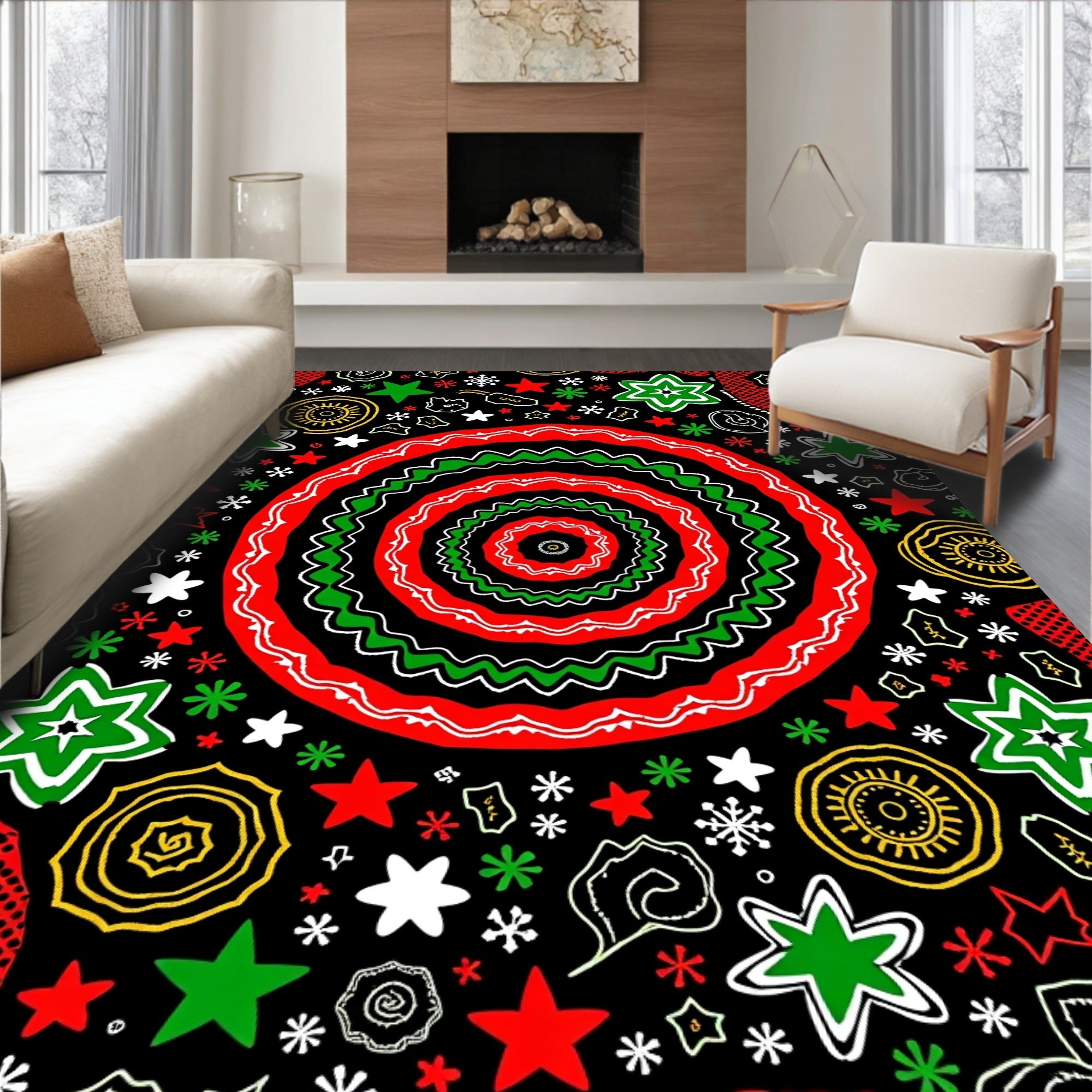 Bold Red Green Starburst Medallion Rug