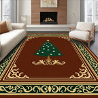 Ornate Green Christmas Tree Brown Rug