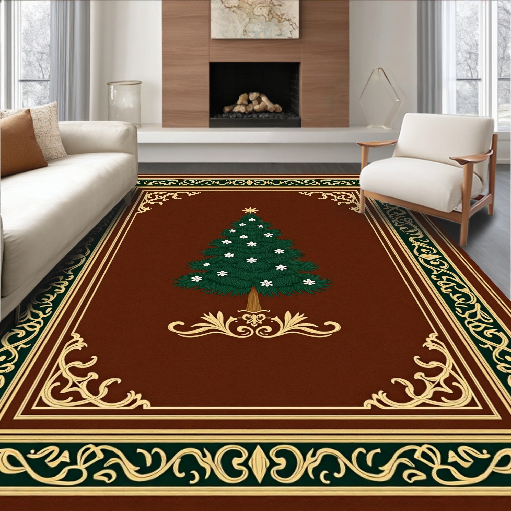 Ornate Green Christmas Tree Brown Rug