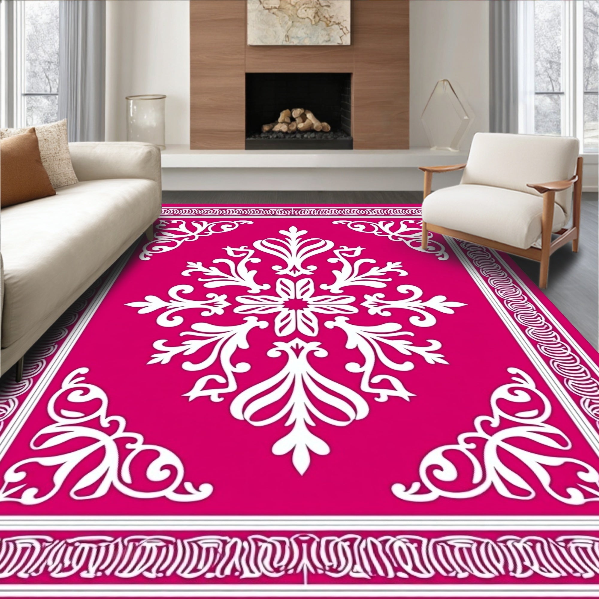 Vibrant Fuchsia Floral Medallion Border Rug