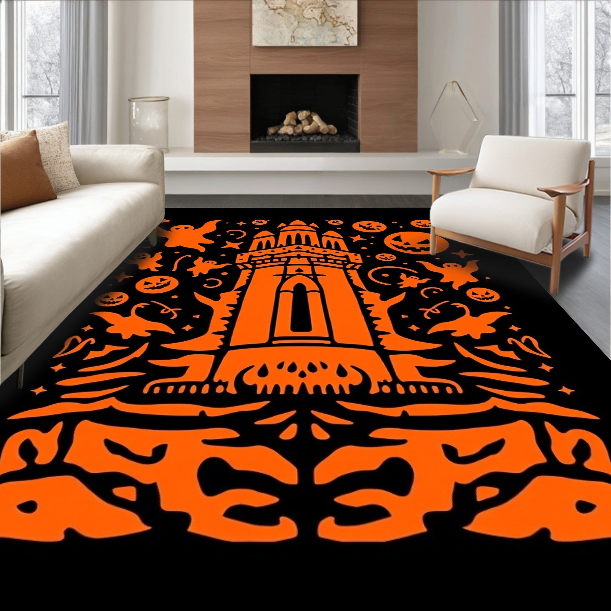 Orange Halloween Castle Ghosts Pumpkins Night Rug