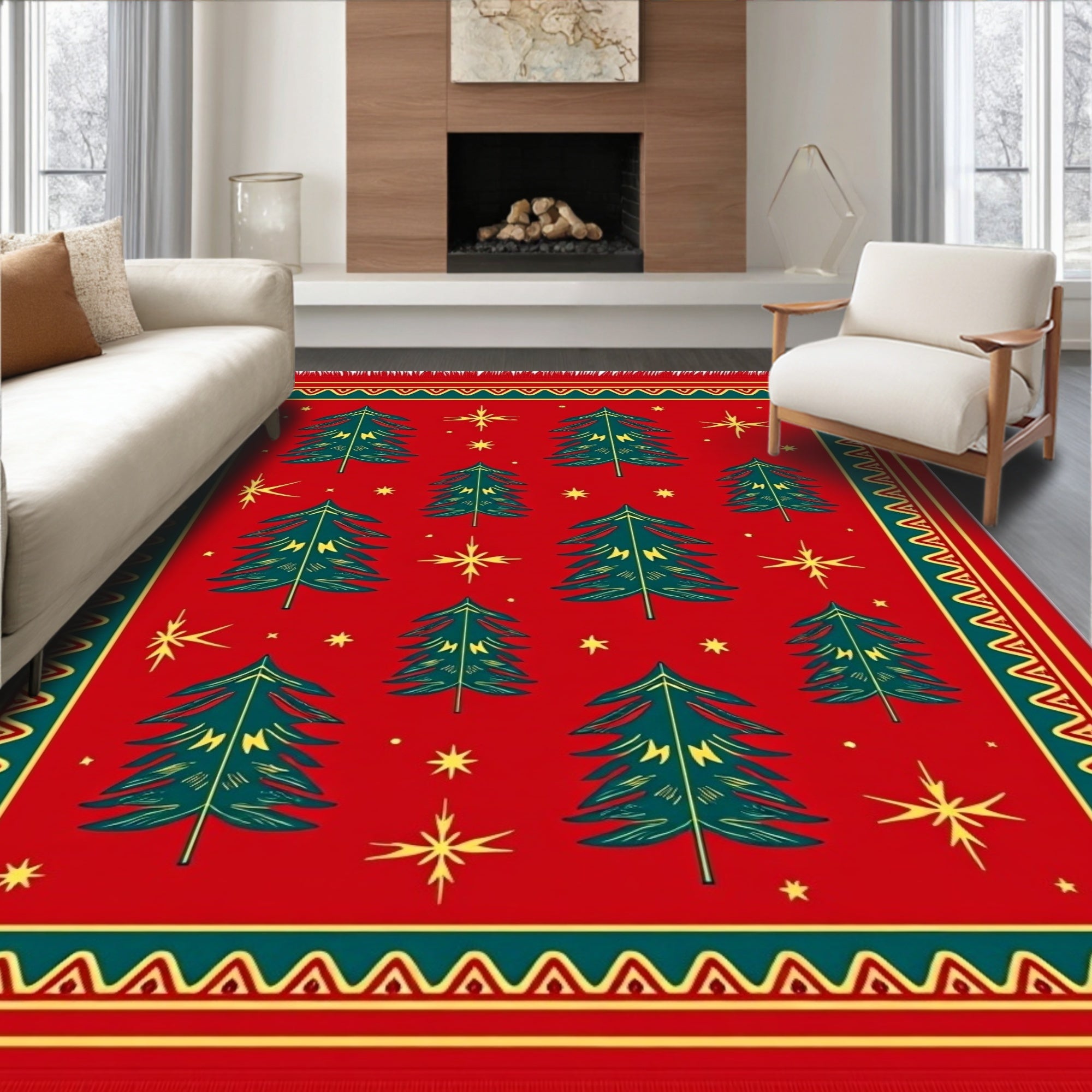 Red Evergreen Trees Starry Night Rug