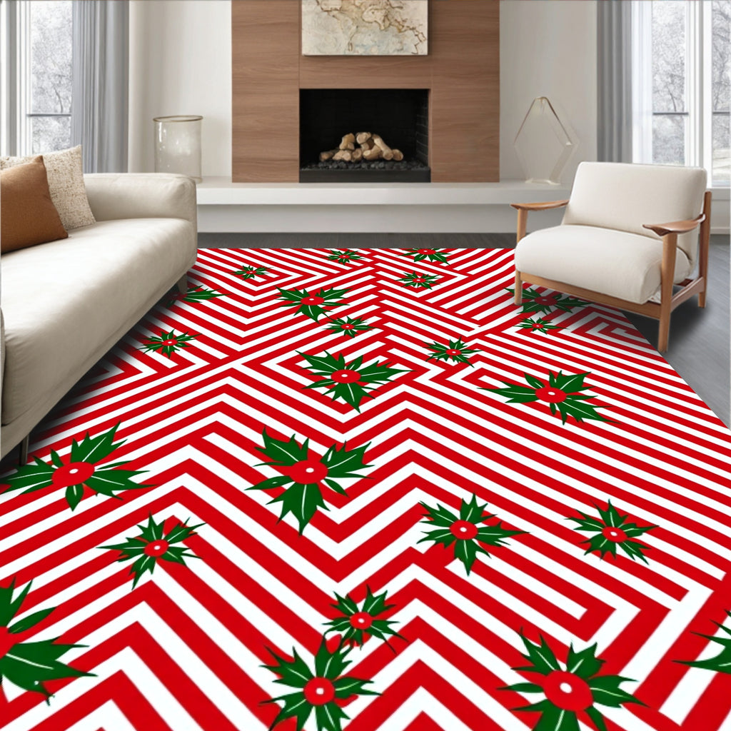 Crimson White Holly Holiday Lines Rug