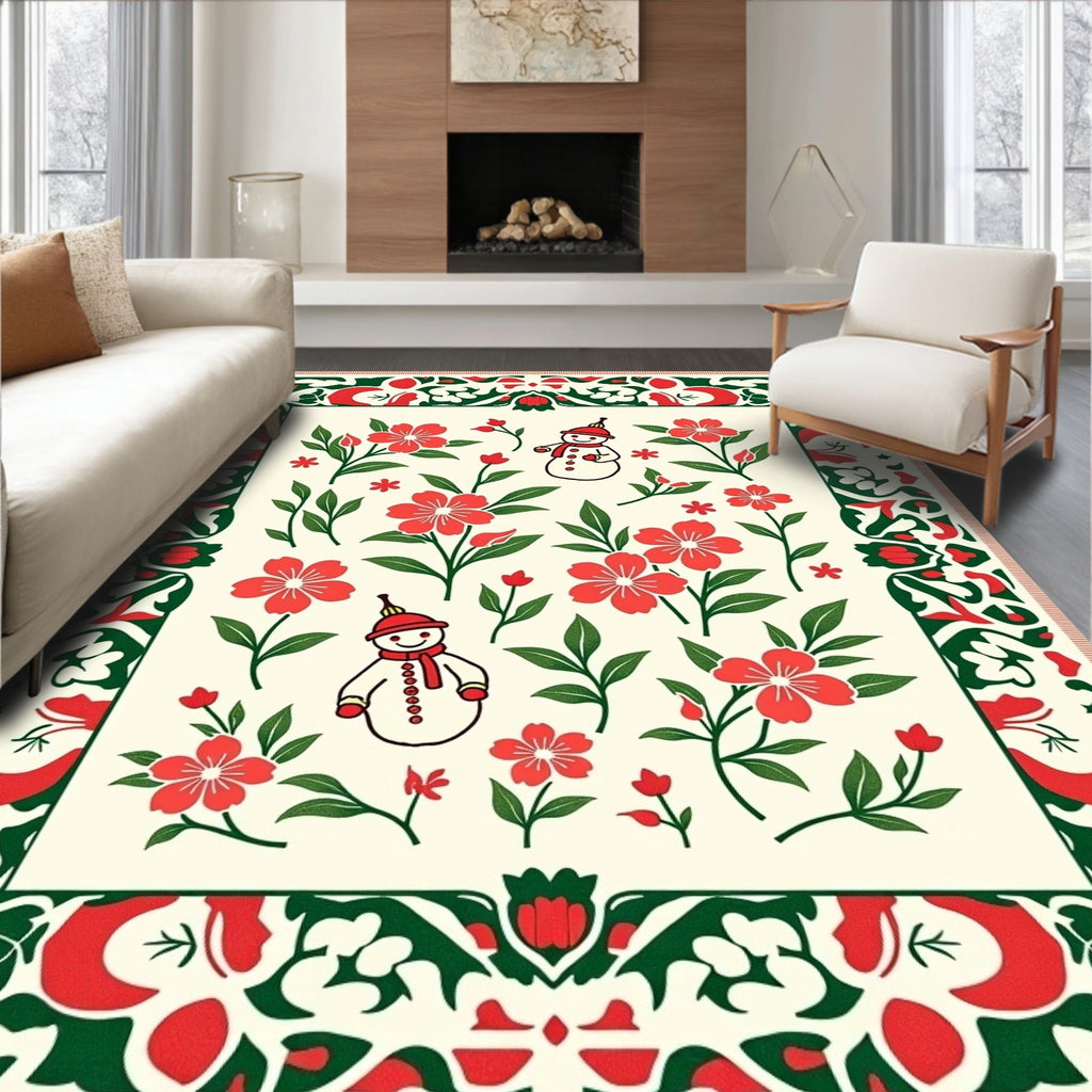 Festive Snowman Red Floral Border Rug
