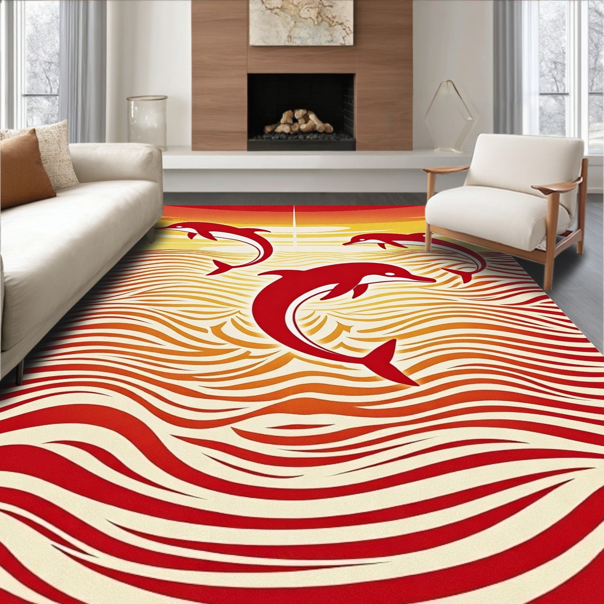 Crimson Dolphins Ocean Sunset Waves Rug