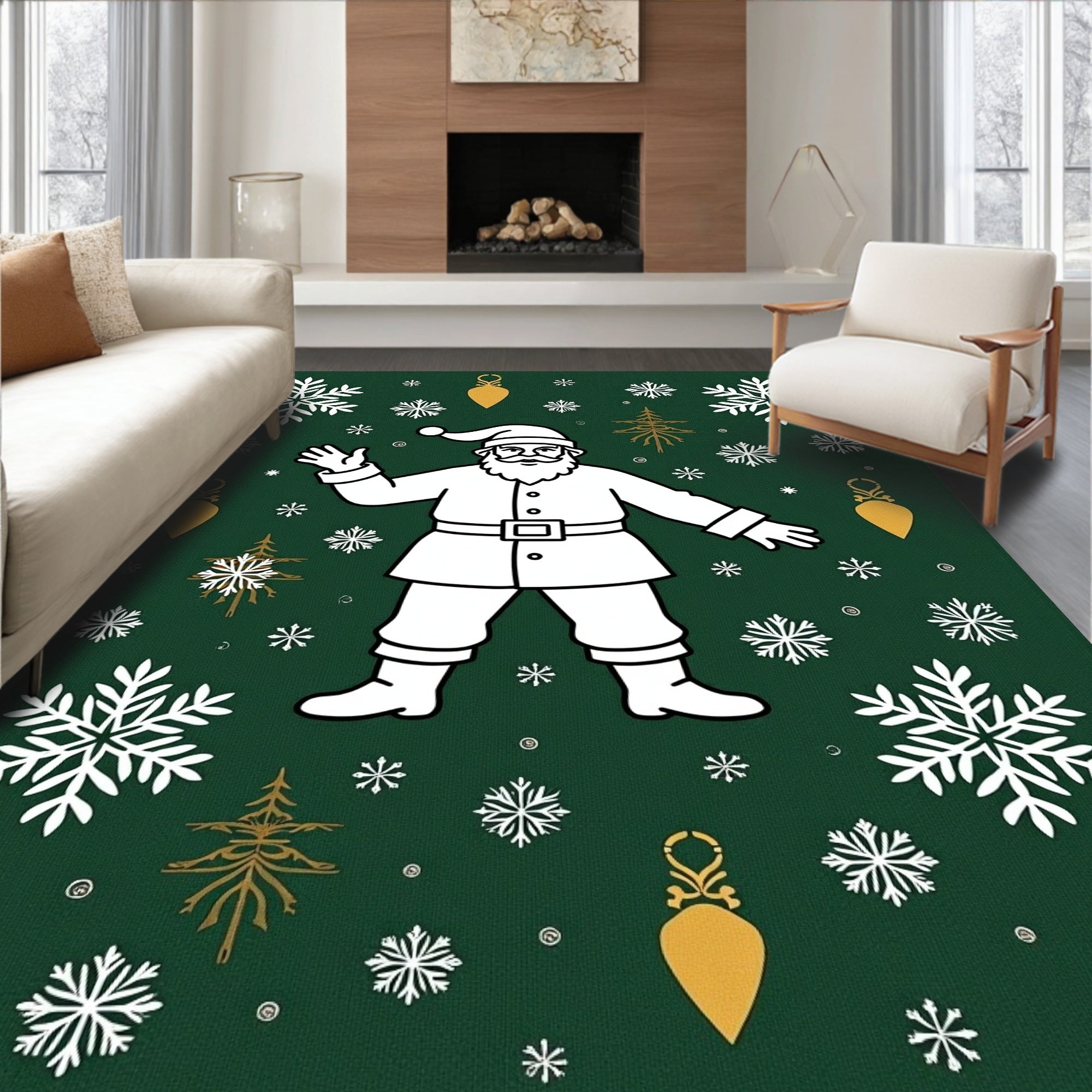 Festive Santa Christmas Snowflakes Holly Tree Rug