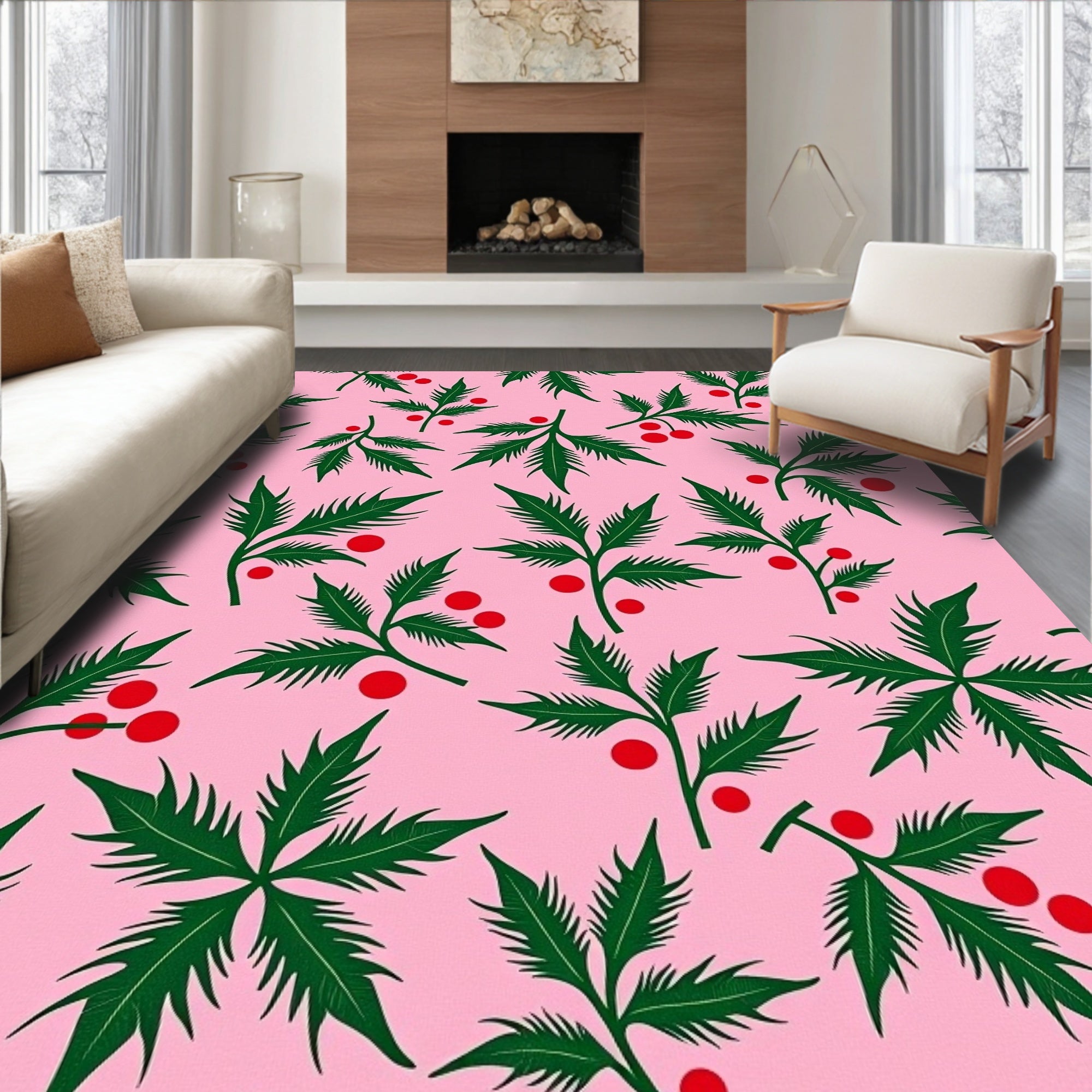 Pink Holly Berry Branch Repeating Rug