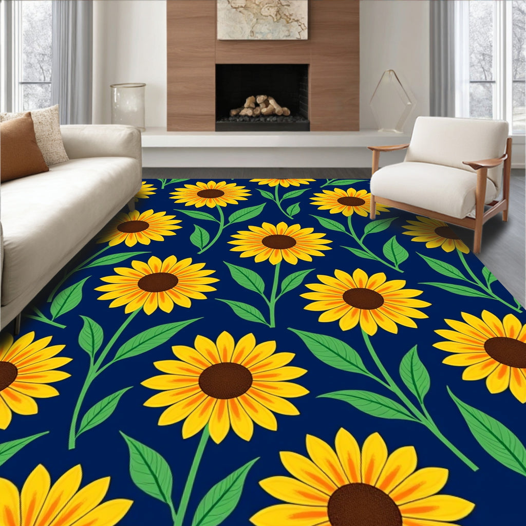 Yellow Sunflower Garden Navy Blue Rug