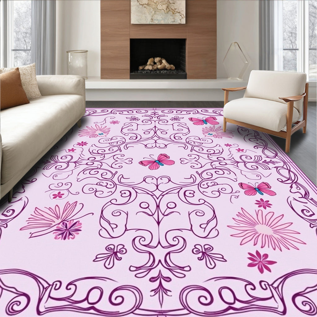 Vibrant Pink Butterfly Floral Swirls Rug