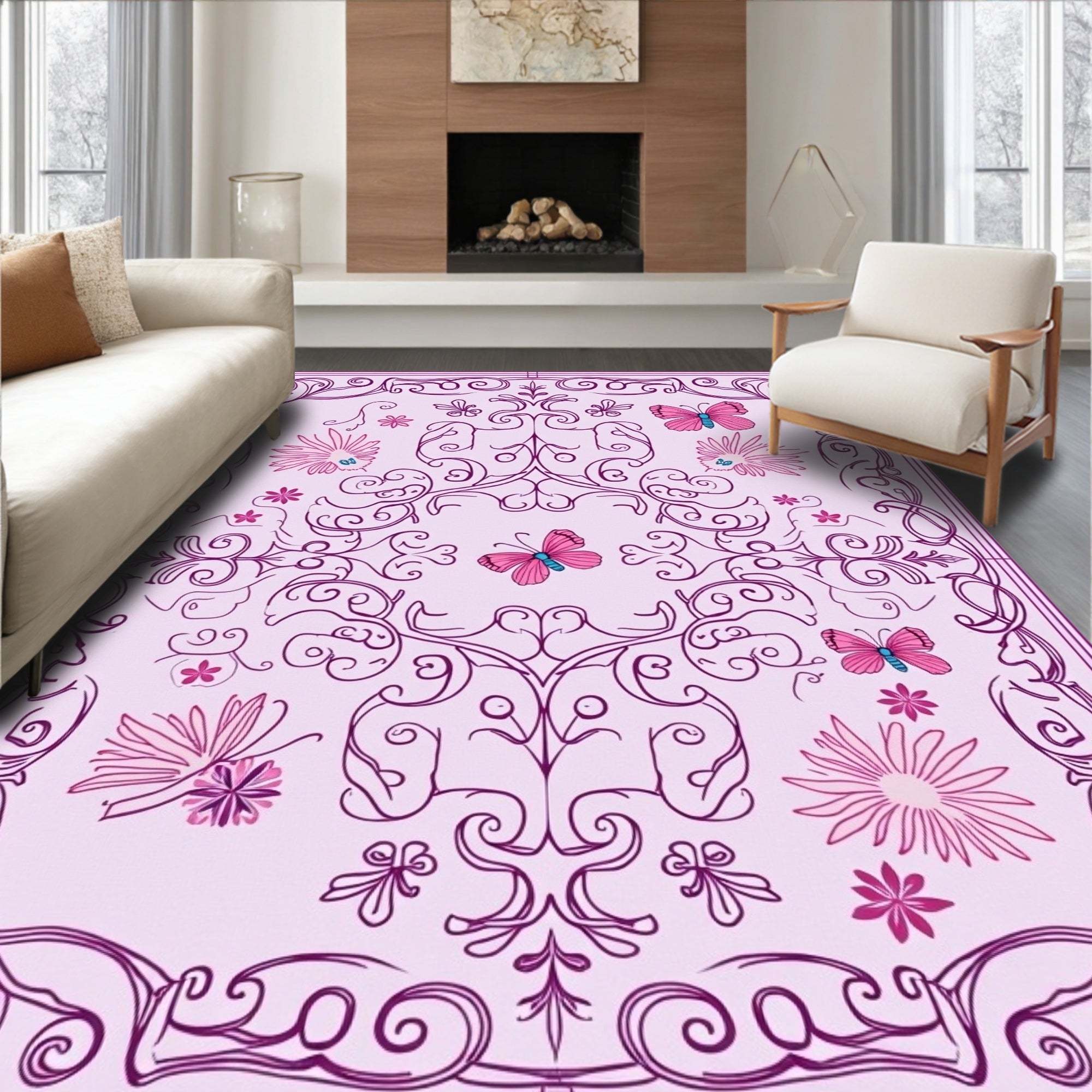Vibrant Pink Butterfly Floral Swirls Rug