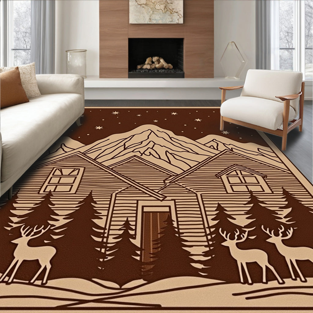 Winter Cabin Starry Night Deers Rug