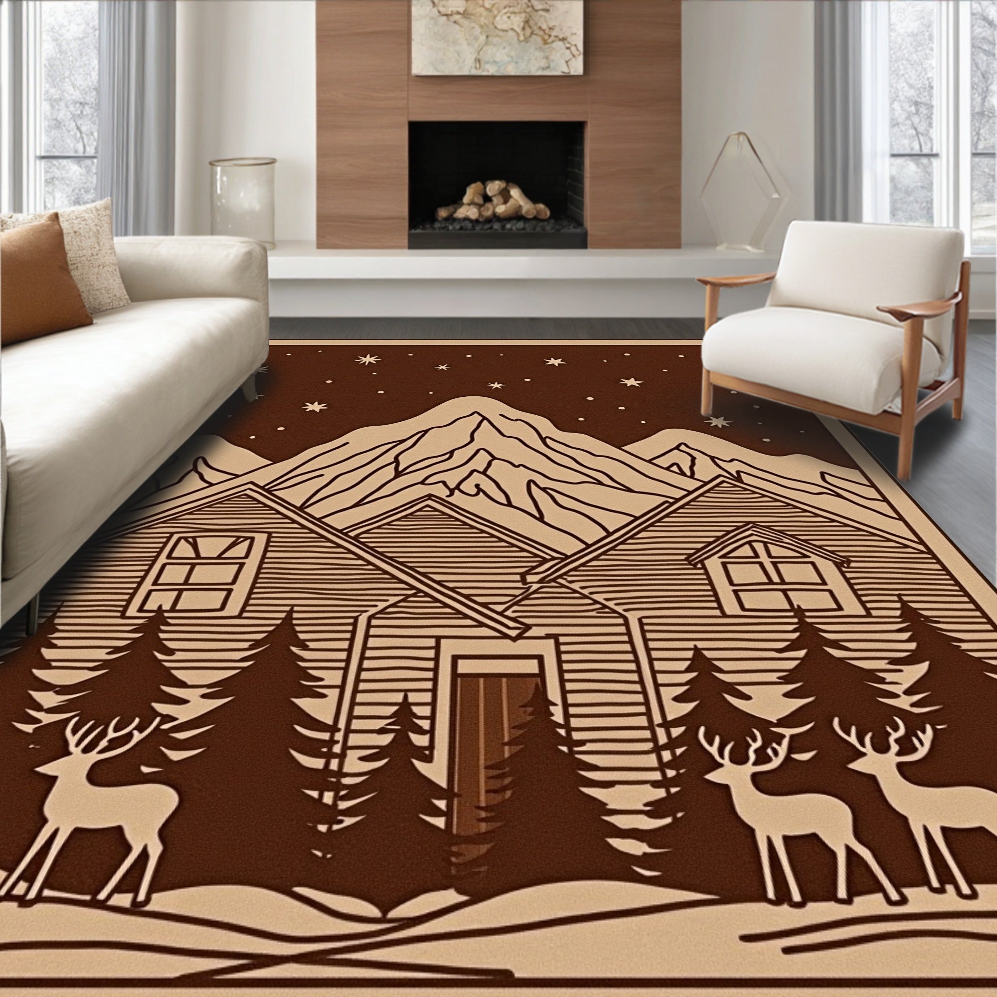 Winter Cabin Starry Night Deers Rug