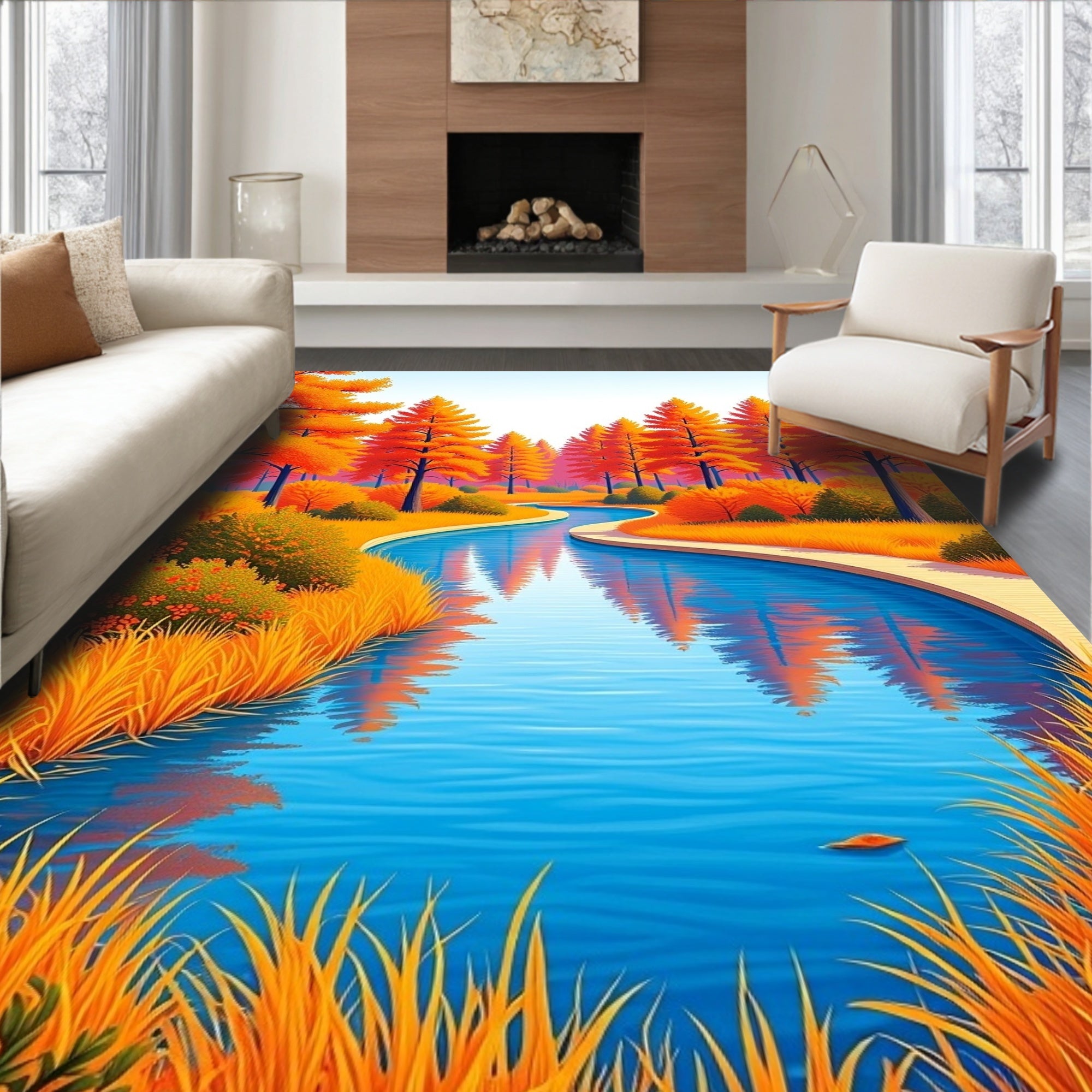 Vivid Autumn River Landscape Reflections Rug
