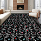 Black White Botanical Red Flower Vines Rug