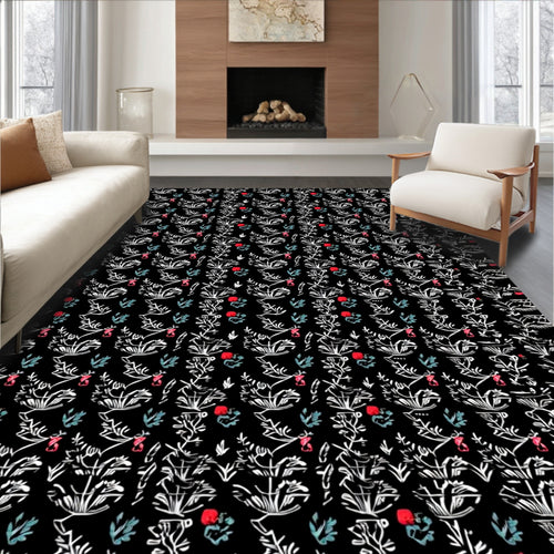 Black White Botanical Red Flower Vines Rug