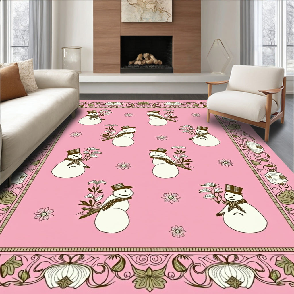 Pink Snowman Floral Border Rug