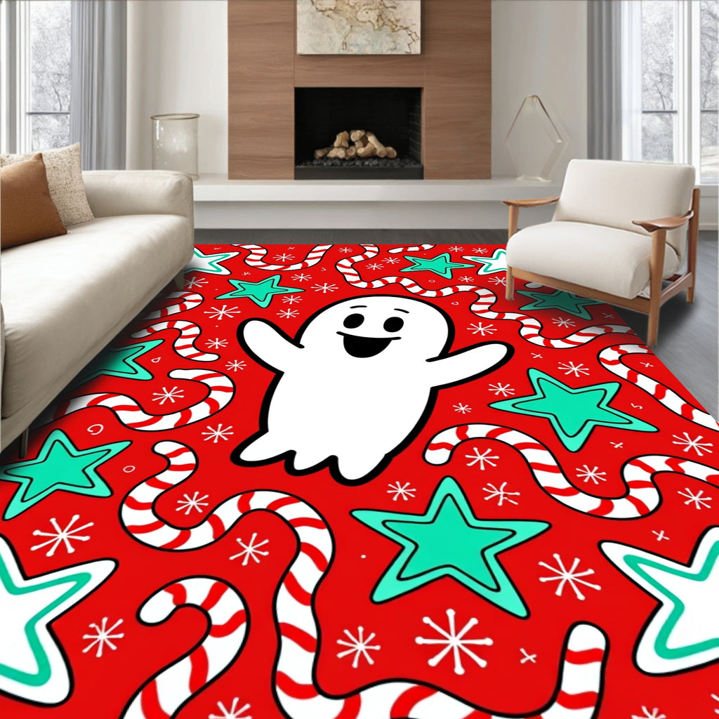 Friendly Ghost Red Star Candy Cane Rug