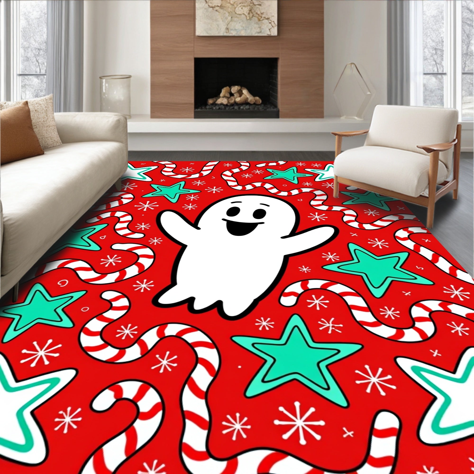 Friendly Ghost Red Star Candy Cane Rug