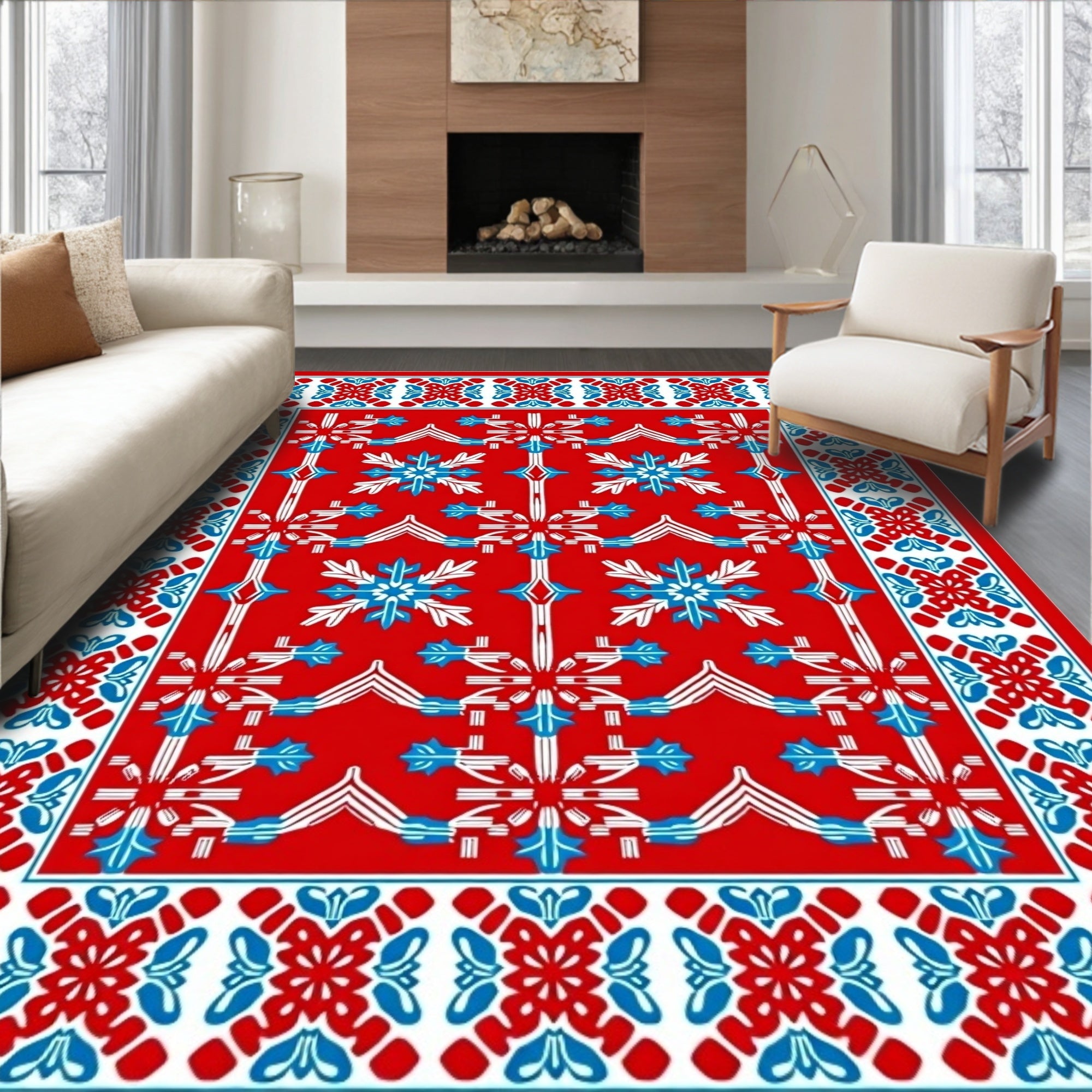 Bold Red Blue Snowflakes Geometric Rug