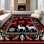 Red Silver Deer Folk Art Border Rug