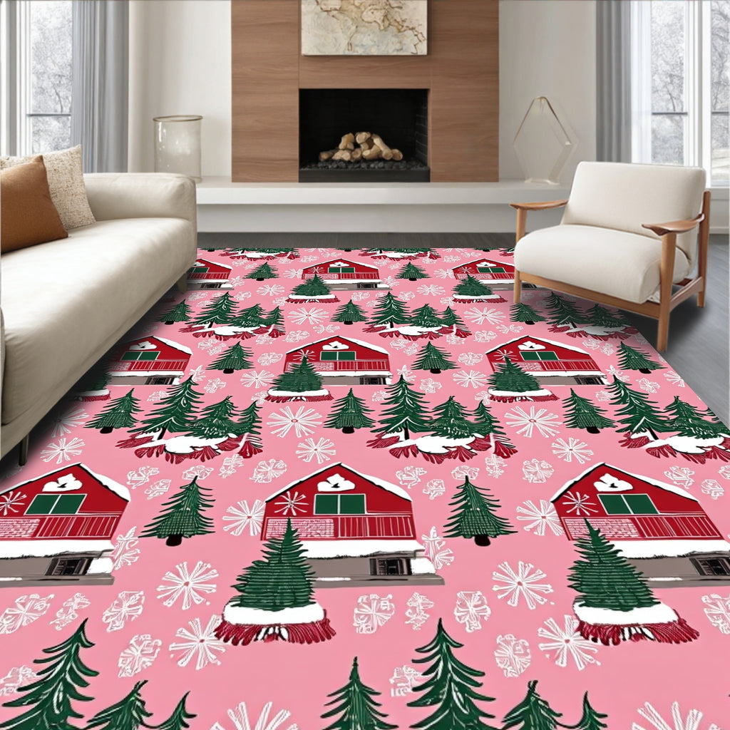 Pink Snowfall Cabin Christmas Trees Rug