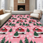 Pink Snowfall Cabin Christmas Trees Rug