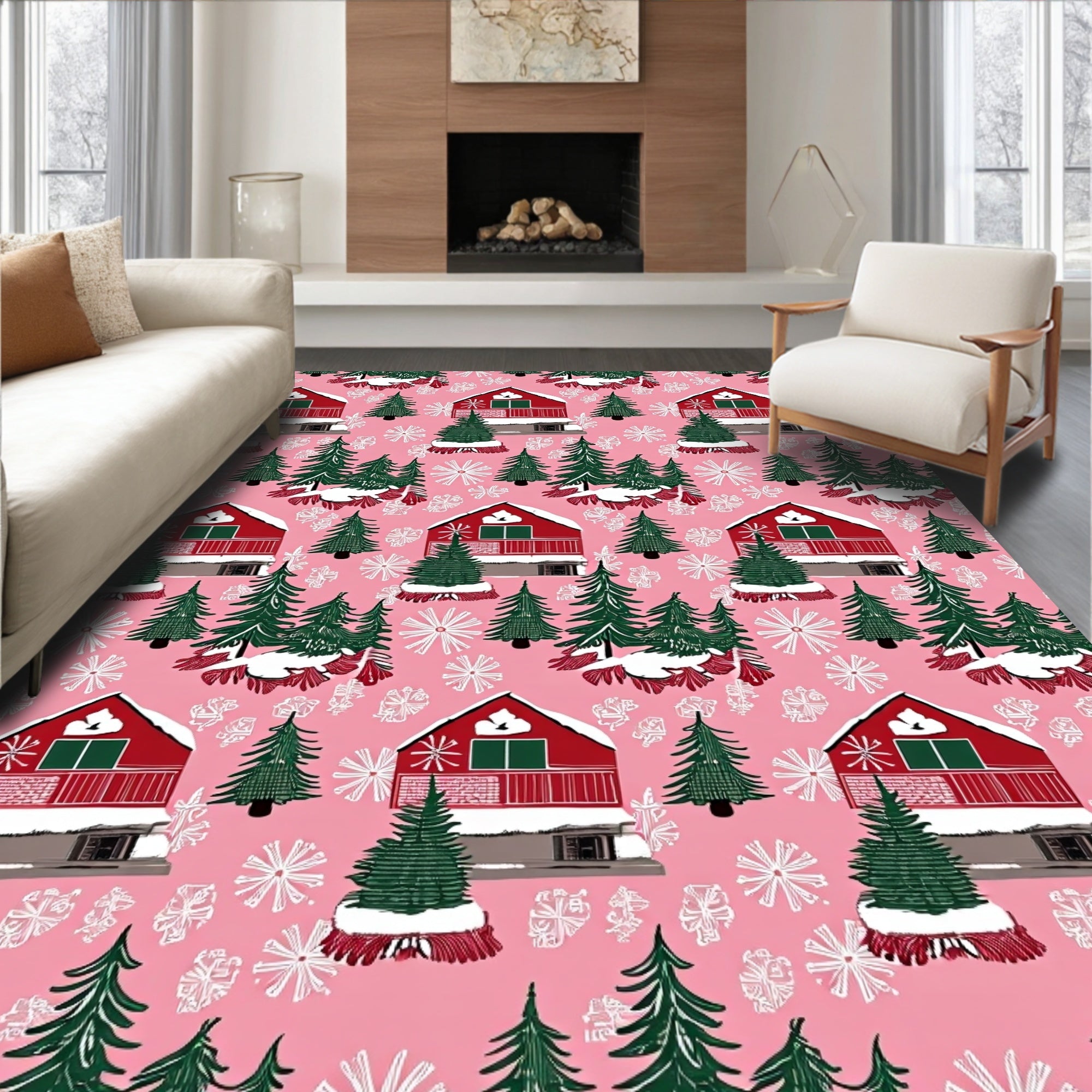 Pink Snowfall Cabin Christmas Trees Rug