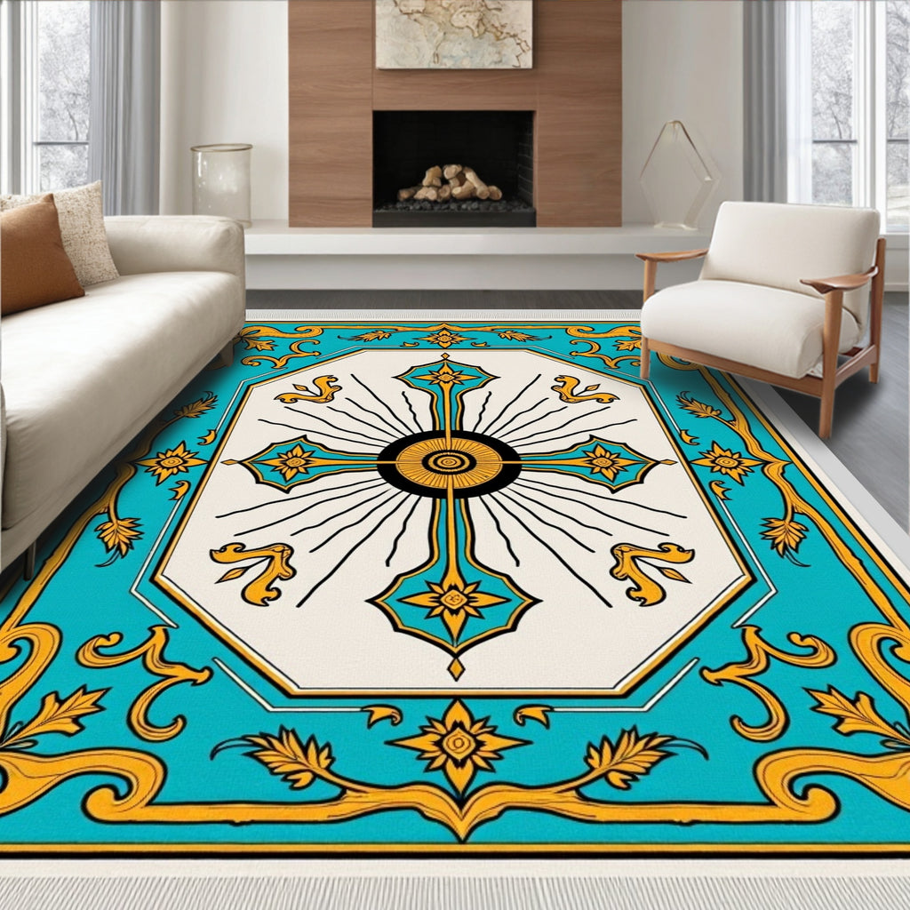 Turquoise Golden Sunburst Medallion Rug