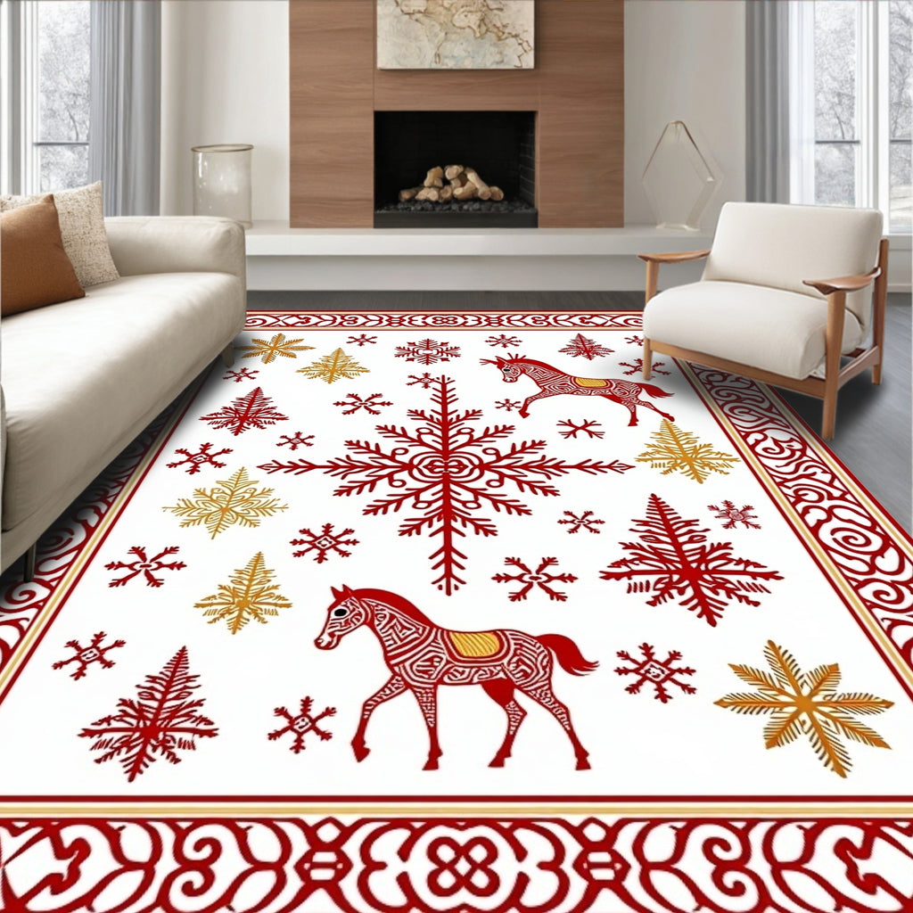 Red Horses Snowflakes Gold Pine Trees Rug