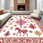 Red Horses Snowflakes Gold Pine Trees Rug