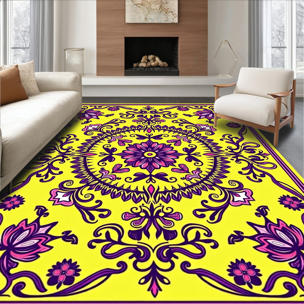 Vibrant Yellow Floral Mandala Medallion Rug