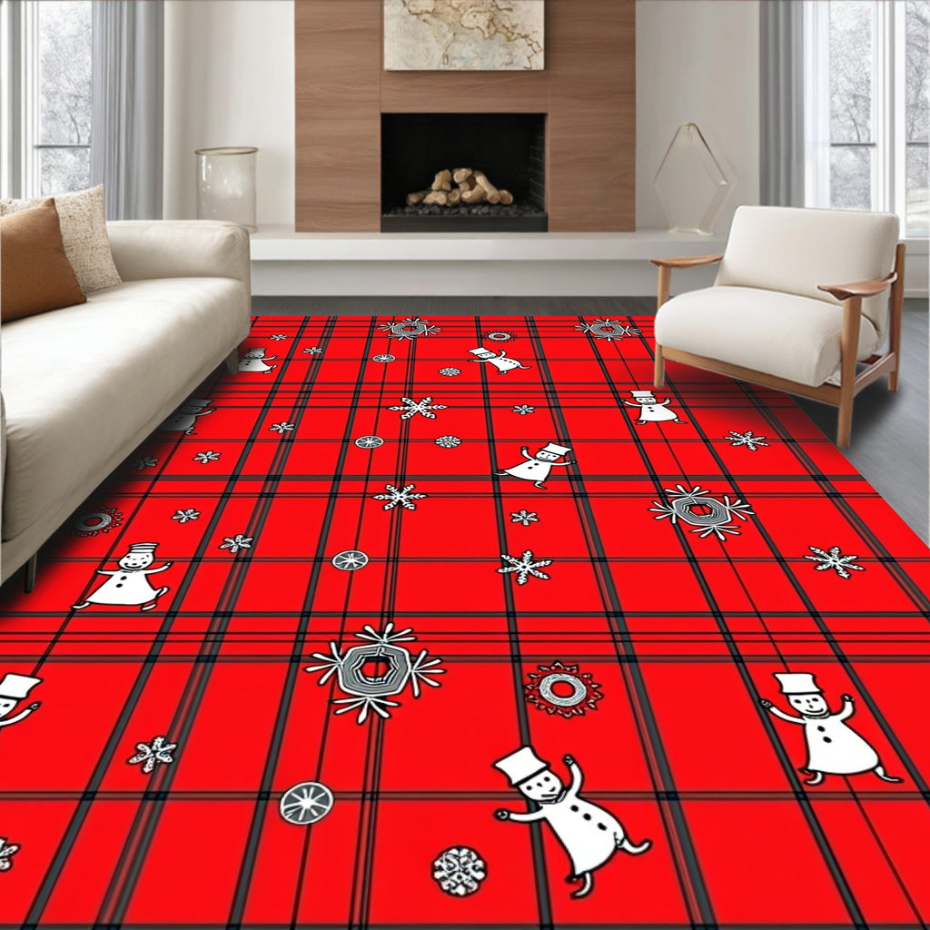 Red Snowman Snowflake Plaid Rug
