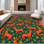 Orange Deer Golden Meadow Dark Green Rug